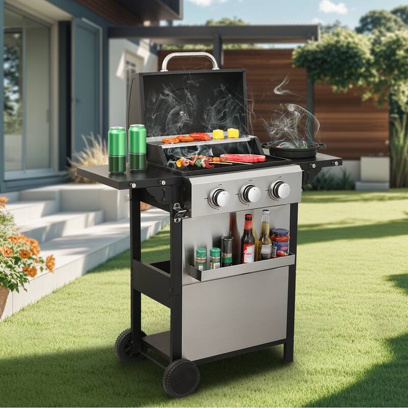 3-Burner Propane Gas BBQ Grill, 25650BTU Output with Wire Enamel Cooking Grids For Outdoor Barbecue, Foldable Side Table - Silver/Black