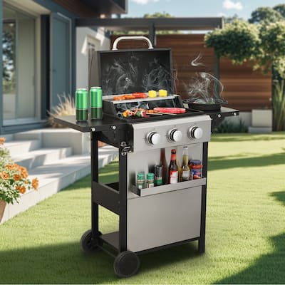 3-Burner Propane Gas BBQ Grill, 25650BTU Output with Wire Enamel Cooking Grids For Outdoor Barbecue, Foldable Side Table
