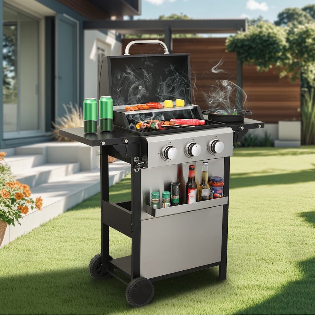 3-Burner Propane Stainless Steel Gas BBQ Grill with Wire Wire Enamel Cooking Grids Foldable Side Table, for Outdoor Barbecue