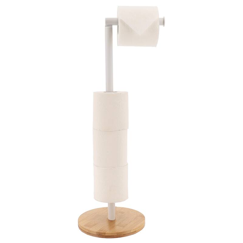 Freestanding Toilet Paper Holder Stand with Bamboo Base - White/Natural - Diameter 7 inches x 21.5" H