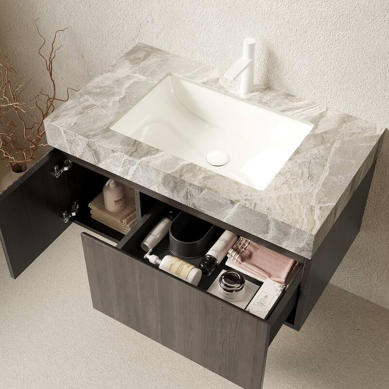 Floating Bathroom Vanity with Sintered Stone Top & Undermount Ceramic Basin with Single Pre-drilled Faucet Hole