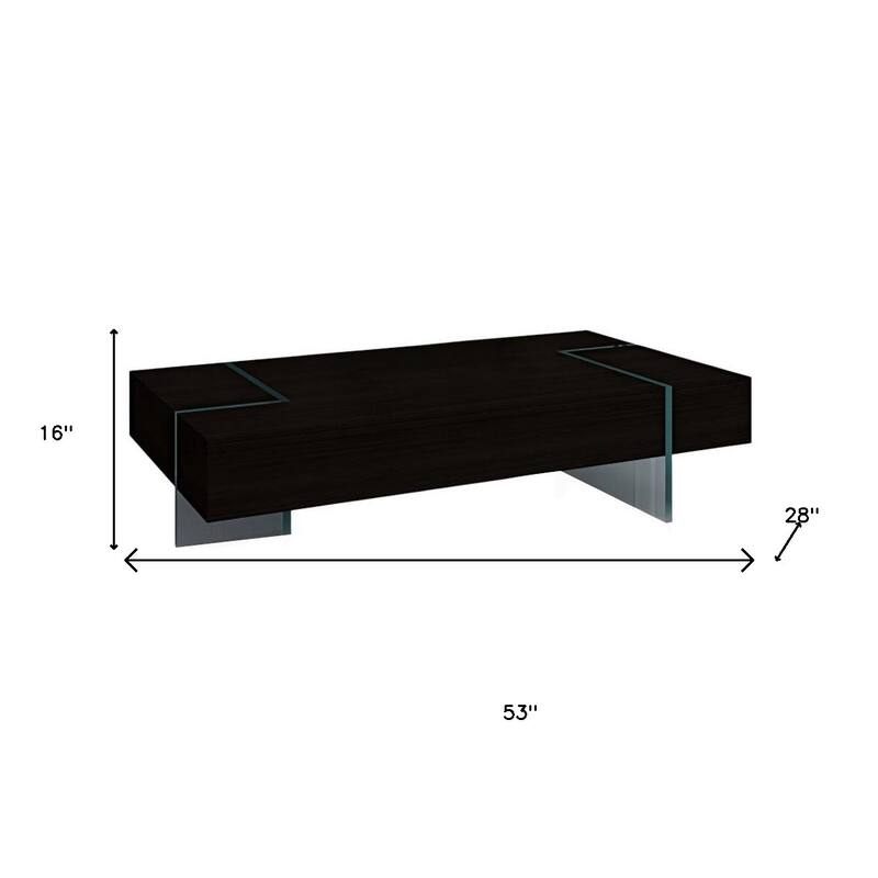 HomeRoots 53" Black And Clear Wood And Glass Sled Coffee Table - 53 in. x 16 in. x 28 in.