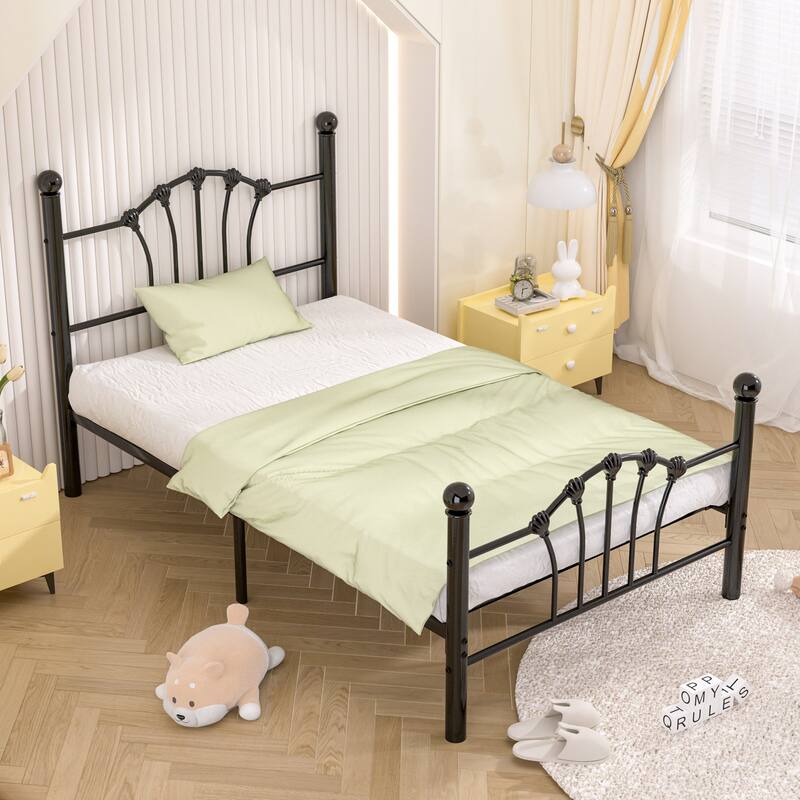 VECELO Classic Twin Size Metal Bed Frame Shell Design with Roman Columns Sturdy Twin Bed Frame for Kids Space-Saving Twin Bed