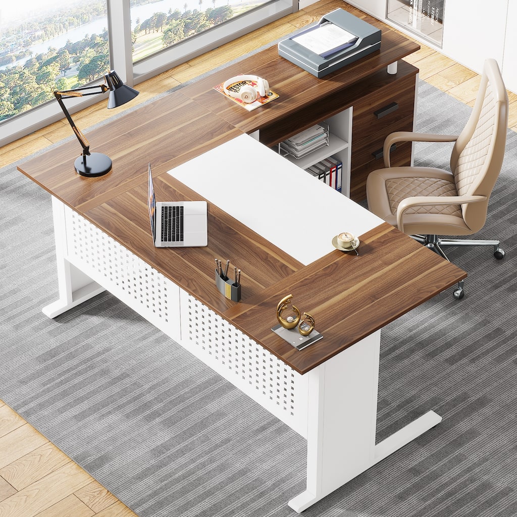 63" Executive Desk with File Cabinet, Large Office Desk L Shaped Computer Desk with Drawers and Storage Shelves