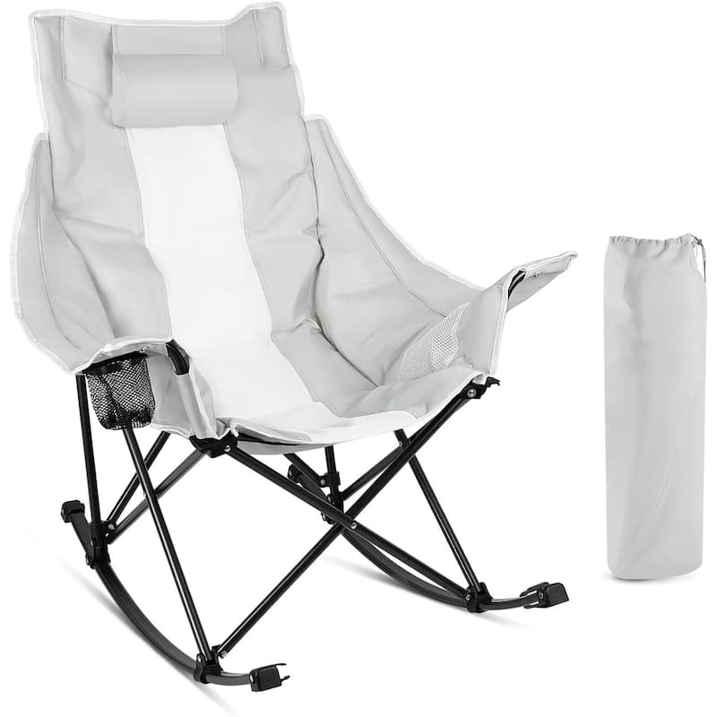 BOSSIN Heavy-Duty Oversized Rocking Camp Chair, Portable Folding w/Cup Holder, Cooler & Pocket for Camping, Beach, Backyard - Grey