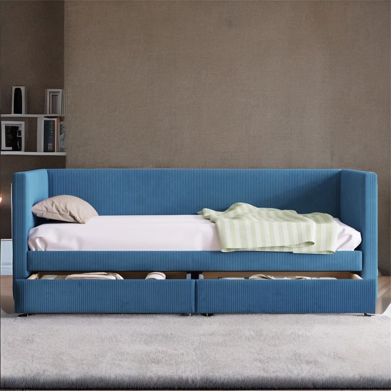 Corduroy Daybed Twin Size with Two Drawers and Wood Slat
