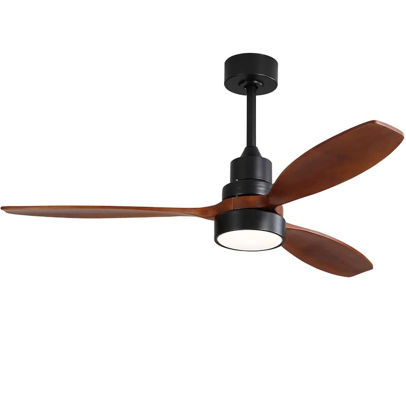 42"/52"/60" Farmhouse Style Wood Walnut Ceiling Fan With Lights and Remote Control, Dimmable LED Optional - 52"-With lights - Matte Black and Brown Solid wood