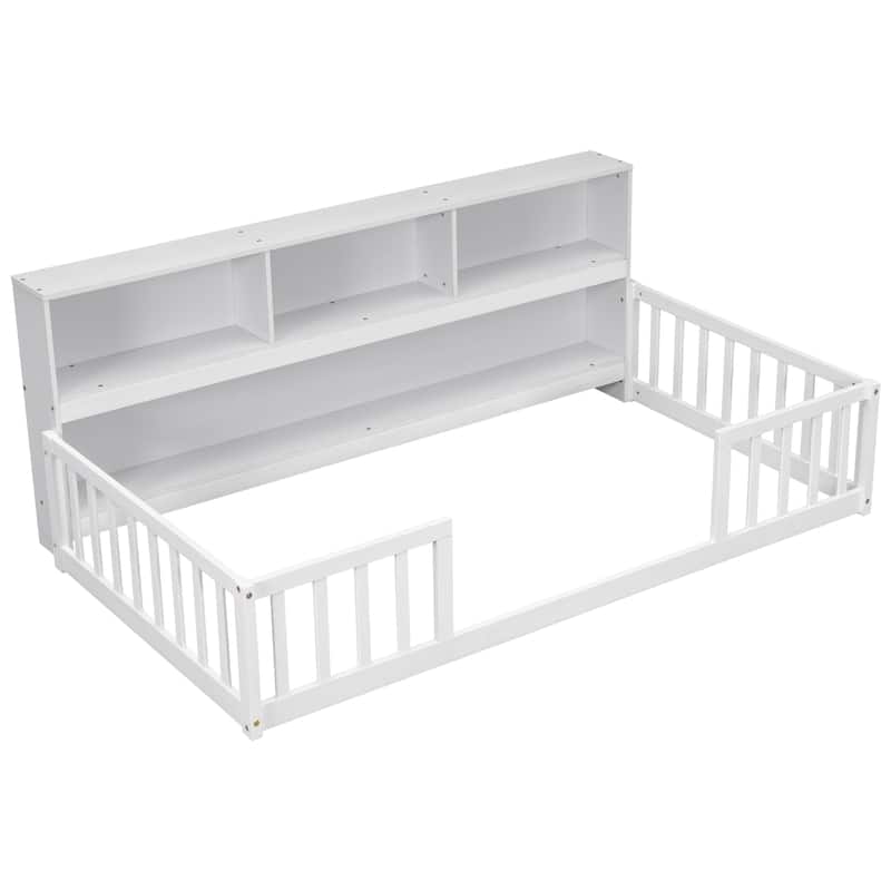 Toddler Floor Storage Bed with Bedside Bookcase, Shelves, Fence Guardrails, No Door, No Slats for Boys Girls Children's Room