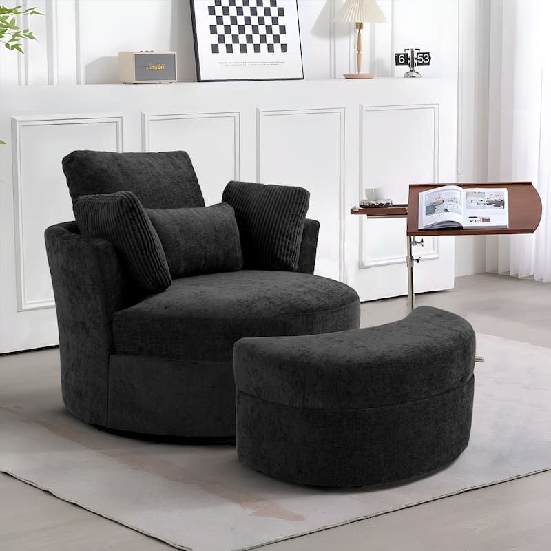 Upholstered Swivel Accent Chair with Wooden Tray Storage Ottoman