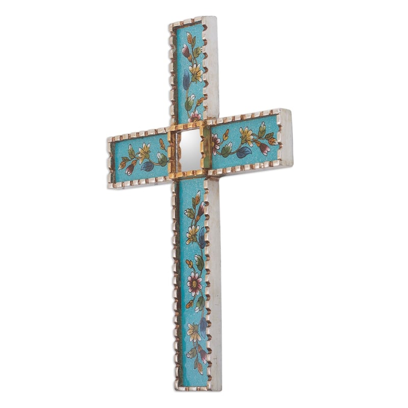 Novica Handmade Flowers Of Faith In Teal Reverse-Painted Glass Wall Cross