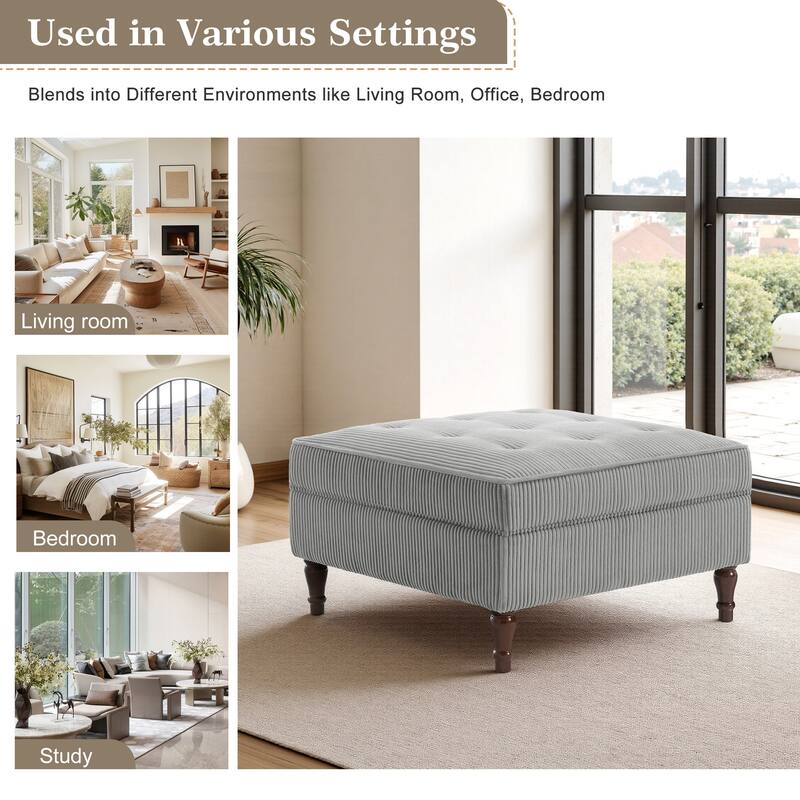 Modular Corduroy Tufted Storage Ottoman with Reversible Tabletop