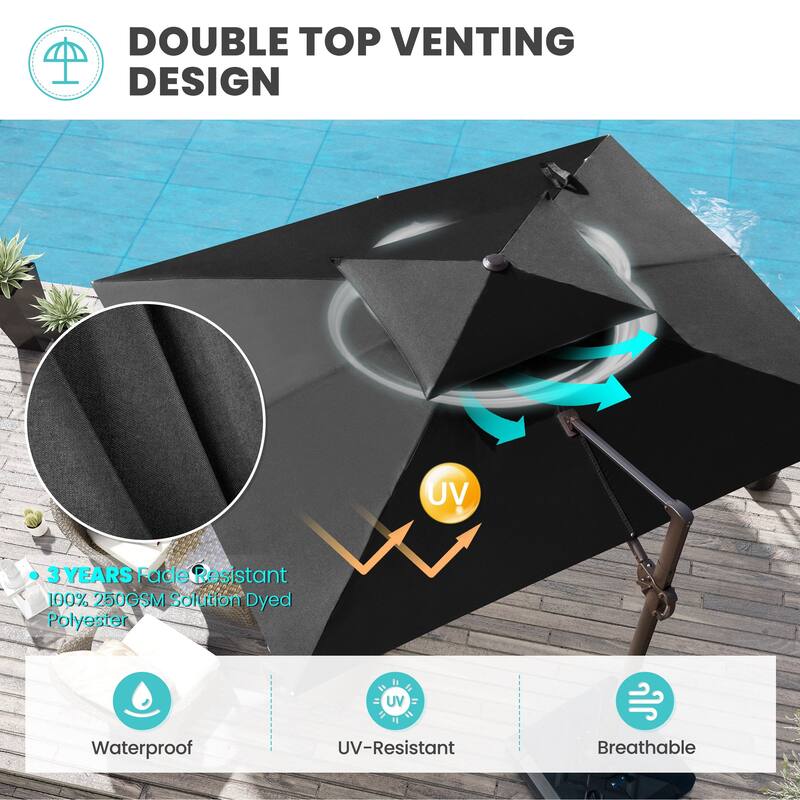 9 x 12 ft Double Top Patio Cantilever Umbrella with Base, 360-degree Rotation