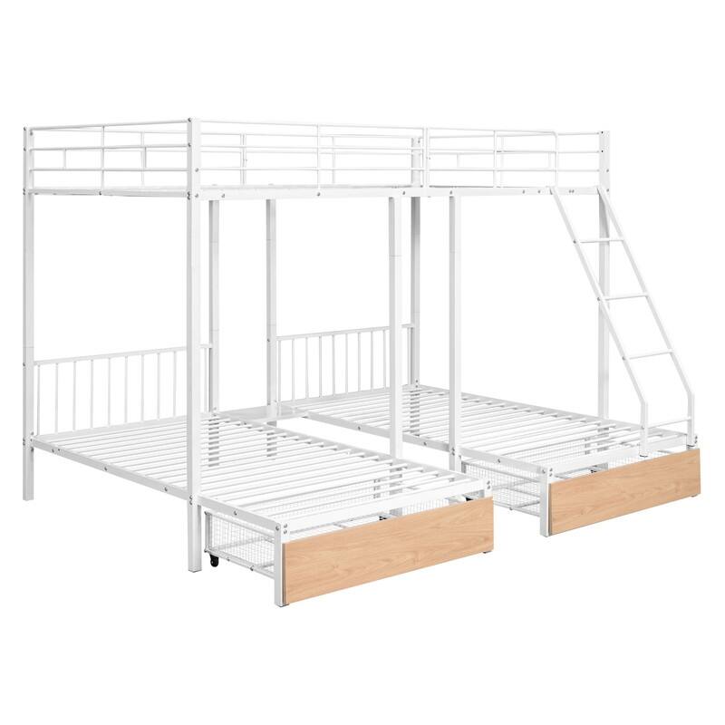 Metal Triple Bunk Bed,Full Over Twin & Twin Bunk Bed with Drawers and Guardrails,White