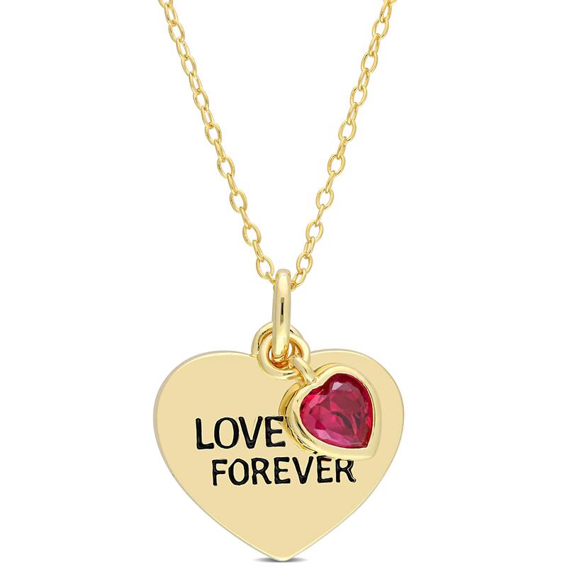 Miadora Created Ruby "Love Forever" Heart Charm Necklace in Yellow Plated Sterling Silver
