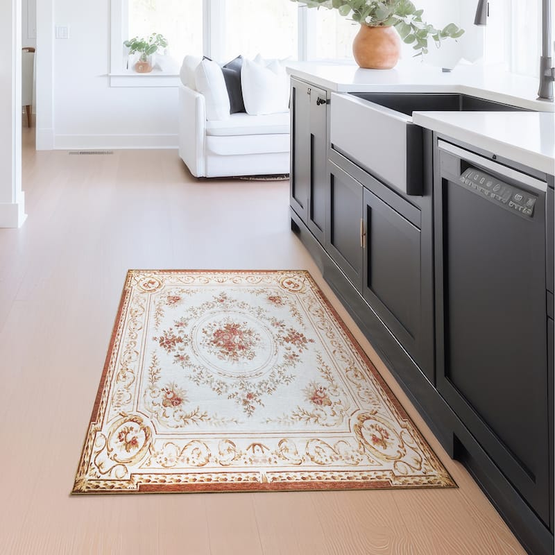 My Magic Carpet Aubusson Beige Machine Washable Rug - 3' x 5'