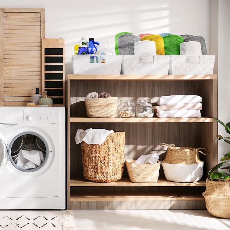 Sorbus Woven Basket Bin Shelf Storage Stackable with Woven Straps & Built-in Carry Handles - Set of 3 - 15.12" L x 13" W x 6" H