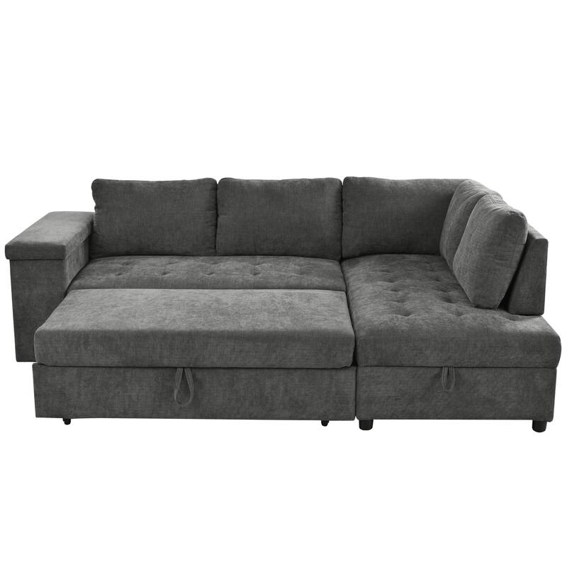 91.5" Polyester L-Shaped Sectional Sofa with Pull-Out Bed, Hidden Storage and Wide Storage Armrests