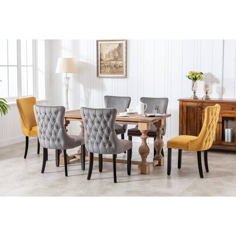 Velvet Upholstered Dining Chair Set of 2, Wing-Back Kitchen Chairs with Backstitching Nailhead Trim and Solid Wood Legs
