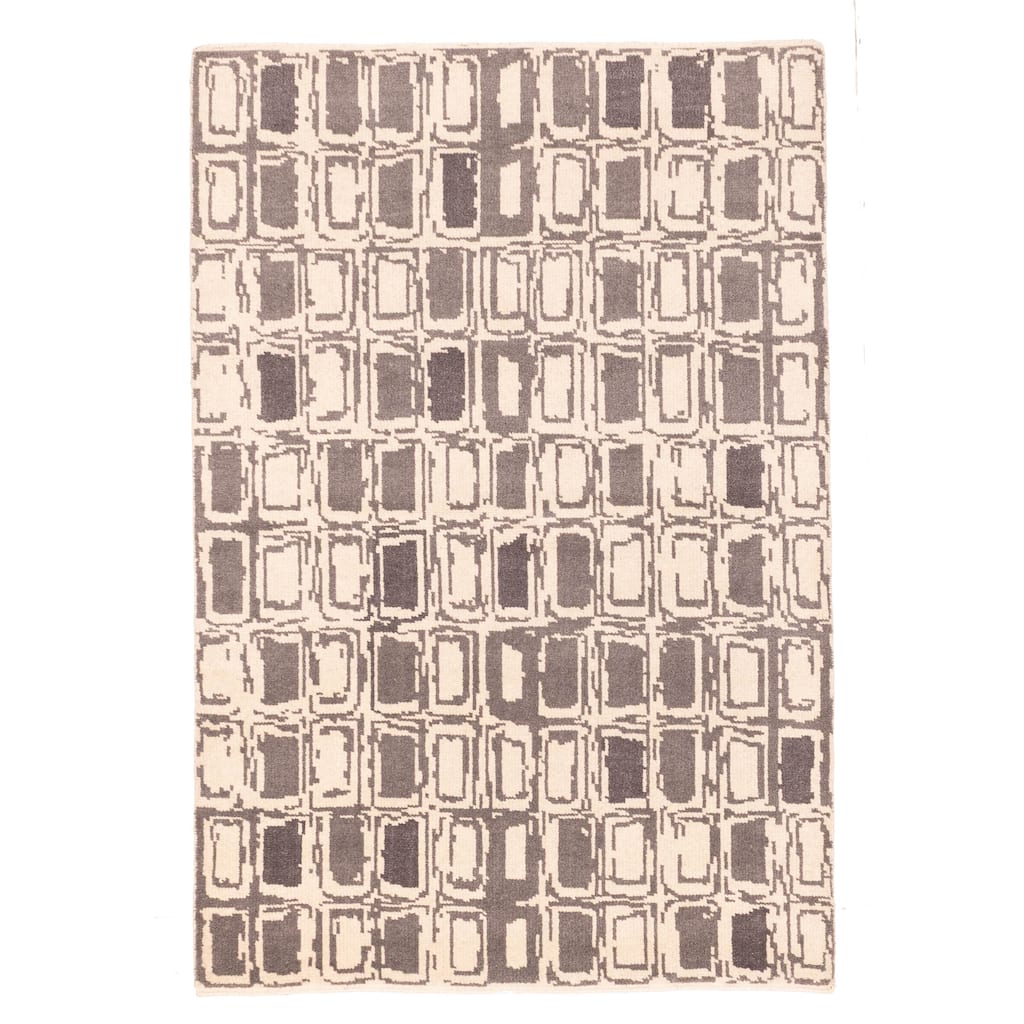 ECARPETGALLERY Hand-knotted Tangier Cream, Dark Grey Wool Rug - 5'3 x 7'10