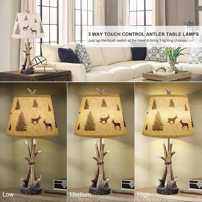 Farmhouse Deer Antler Table Lamps for Living Room Set of 2, 3-Way Dimmable Touch Rustic Bedside Lamp for Bedroom