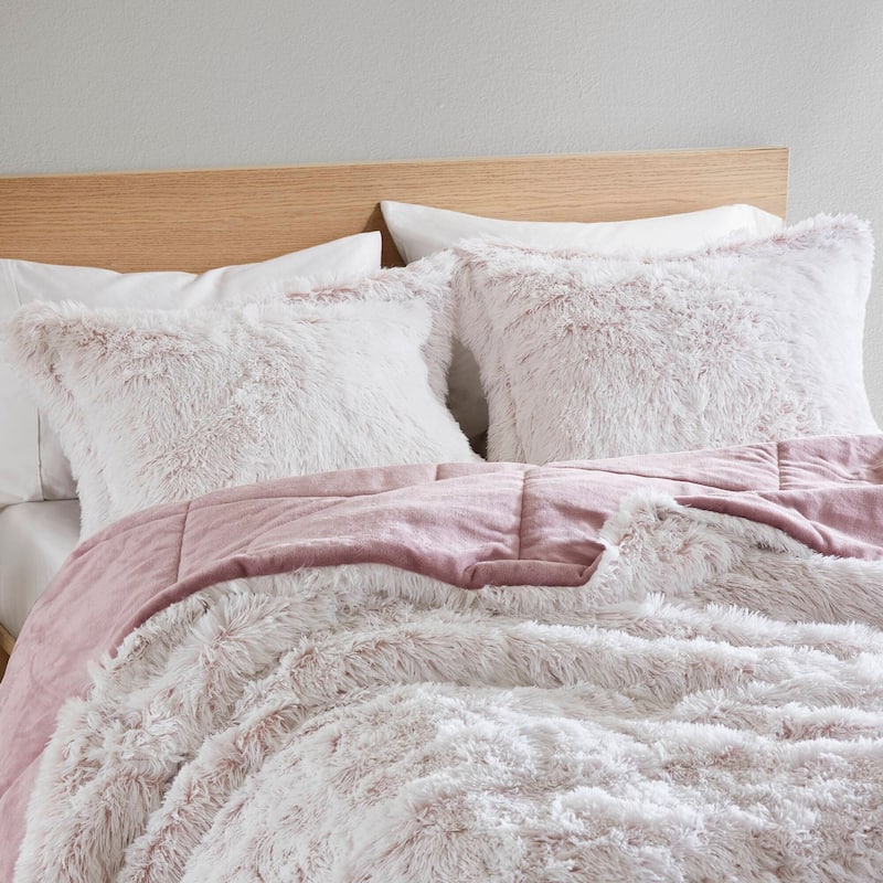 3 PCS King/Cal King Shaggy Faux Fur Comforter Mini Set Pink/White
