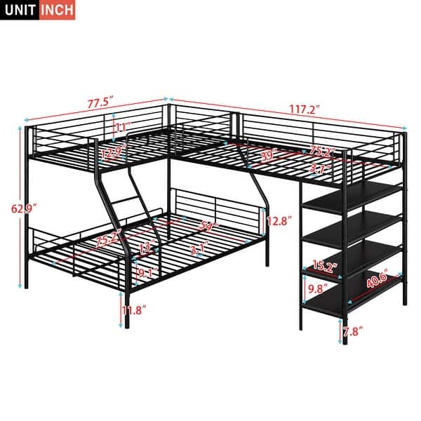 Black Twin & Full Size L-Shaped Metal Triple Bunk Bed with Loft, 4 Built-in Shelves, Full-Length Guardrails