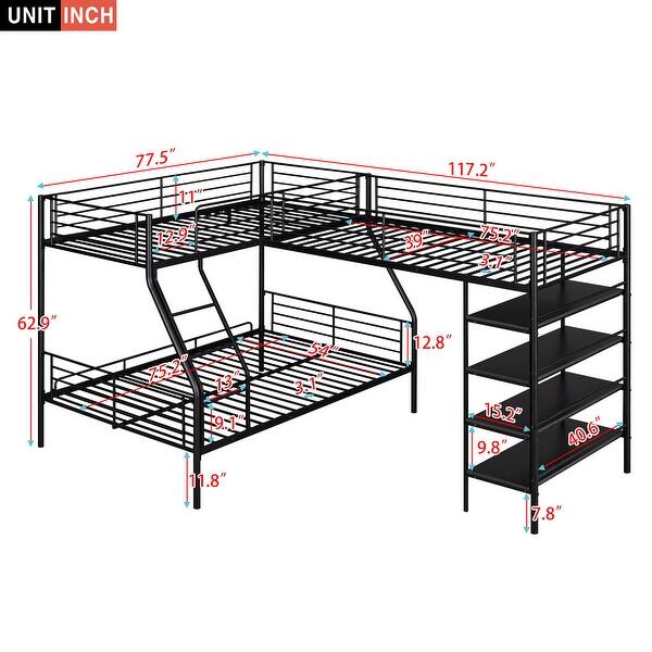 L-Shaped Twin Over Full Bunk Bed with Shelves - Space-Saving Design