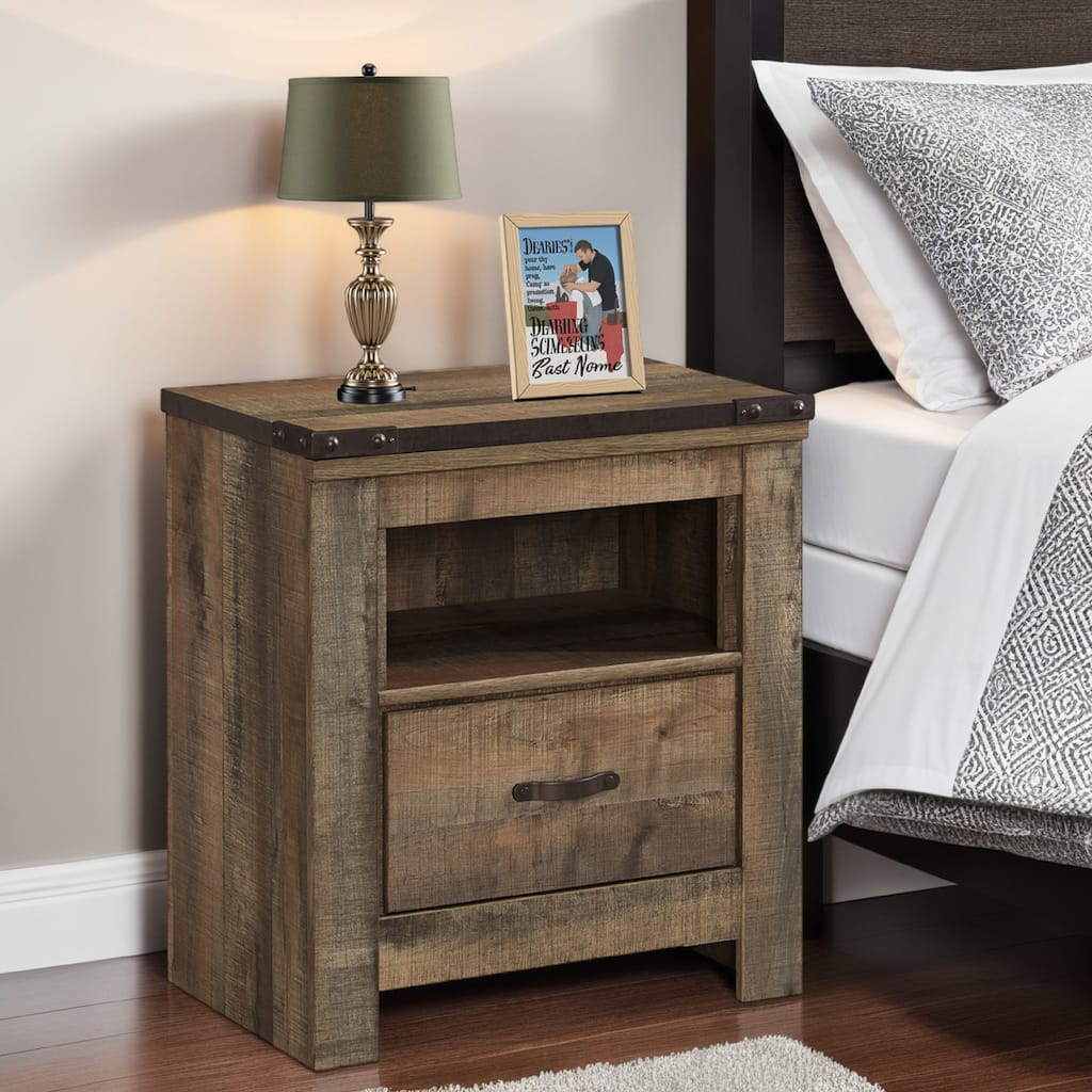 Zoey Nightstand w Drawer and Shelf, USB, Rustic Brown Plank Details