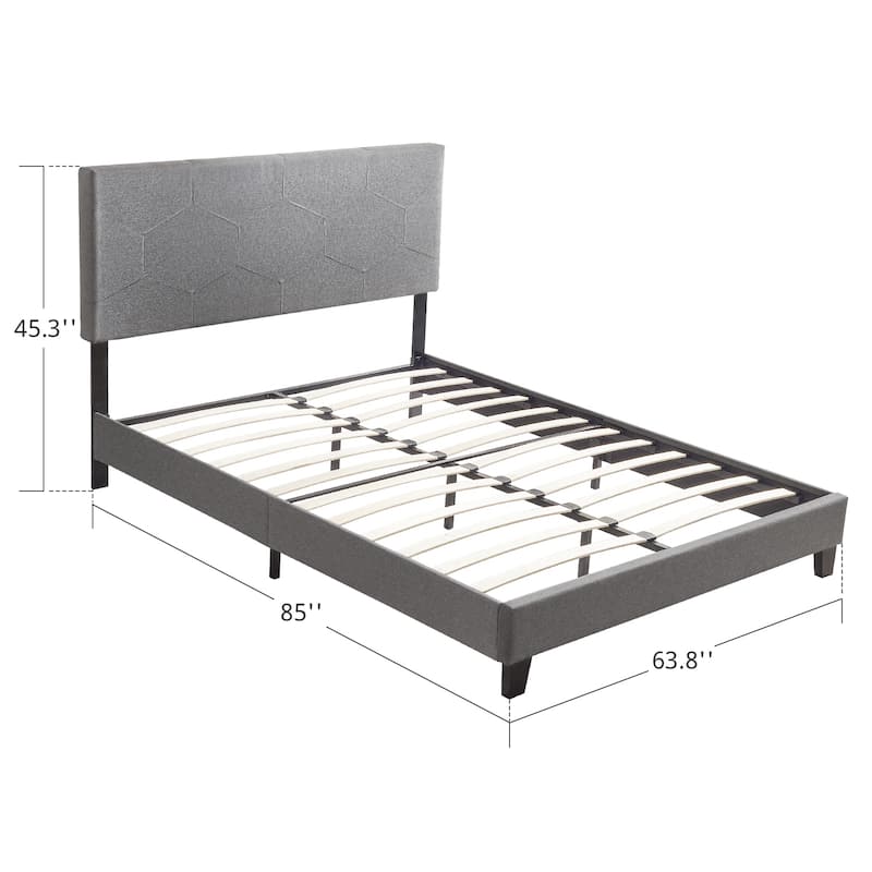 Grey Queen Size Upholstered Platform Bed with Wood Slat Support for Bedroom
