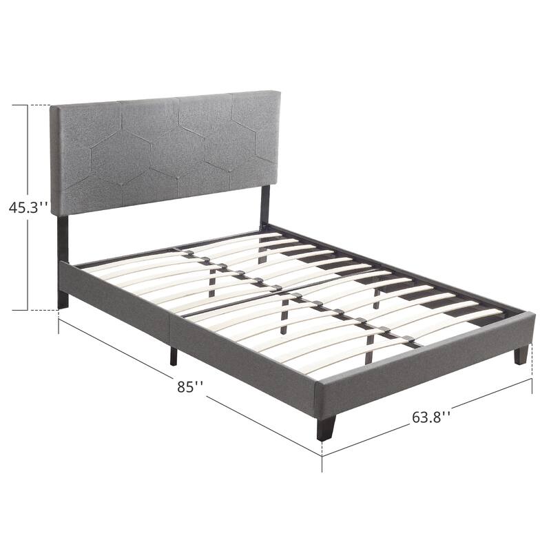 Queen Size Upholstered Platform Bed Frame, Wood Slat Support, Easy Assembly, Grey