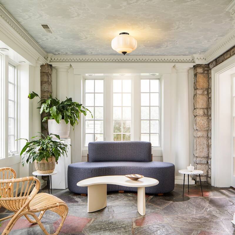 3-Light Transitional Metal & Glass Flush Mount with Charming Pumpkin Milk Glass Shade for Living Room - 15 in. W x 13 in. H