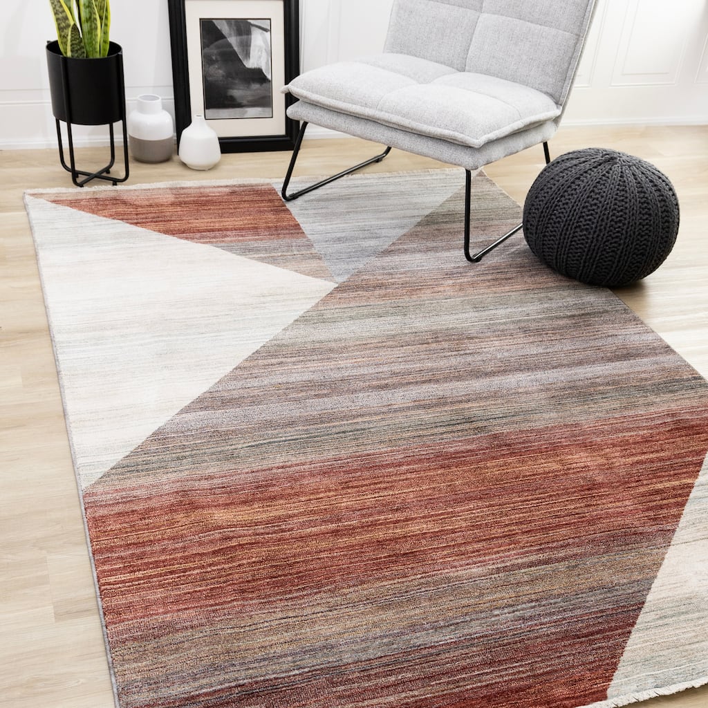 Olivia Collection - Distressed Geometric Red White Grey Area Rug