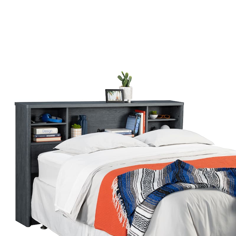 Wood Full/Queen Bookcase Headboard with Shelves and Open Cubbies, Denim and Brown