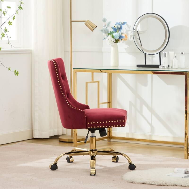 Velvet Swivel Office Chair with Wheels, Tufted Button Home Office Chair, Adjustable Vanity Chair with Metal Base