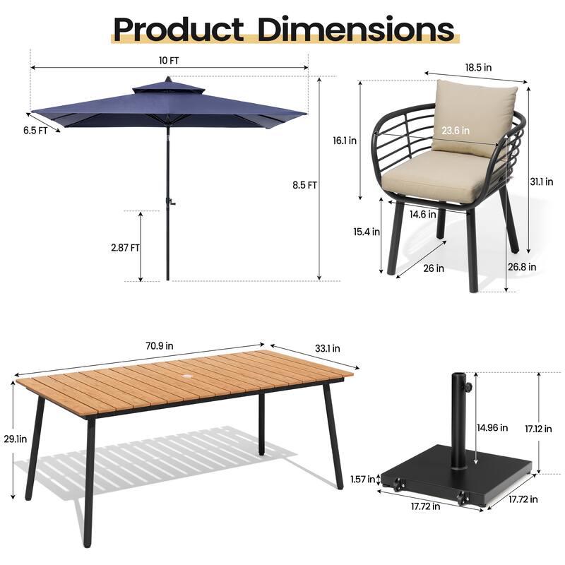 9PC Outdoor Patio Dining Set Aluminum Table with Sunbrella Cushion Chairs w/ Premium Market Umbrella Sets
