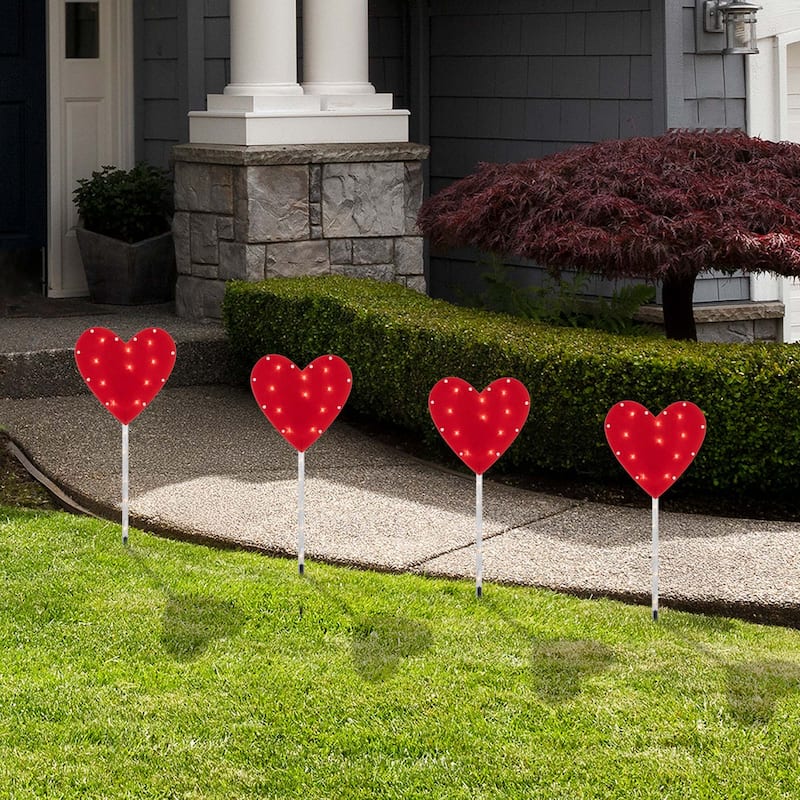 4ct Red Heart Valentine's Day Pathway Marker Lawn Stakes, Clear Lights
