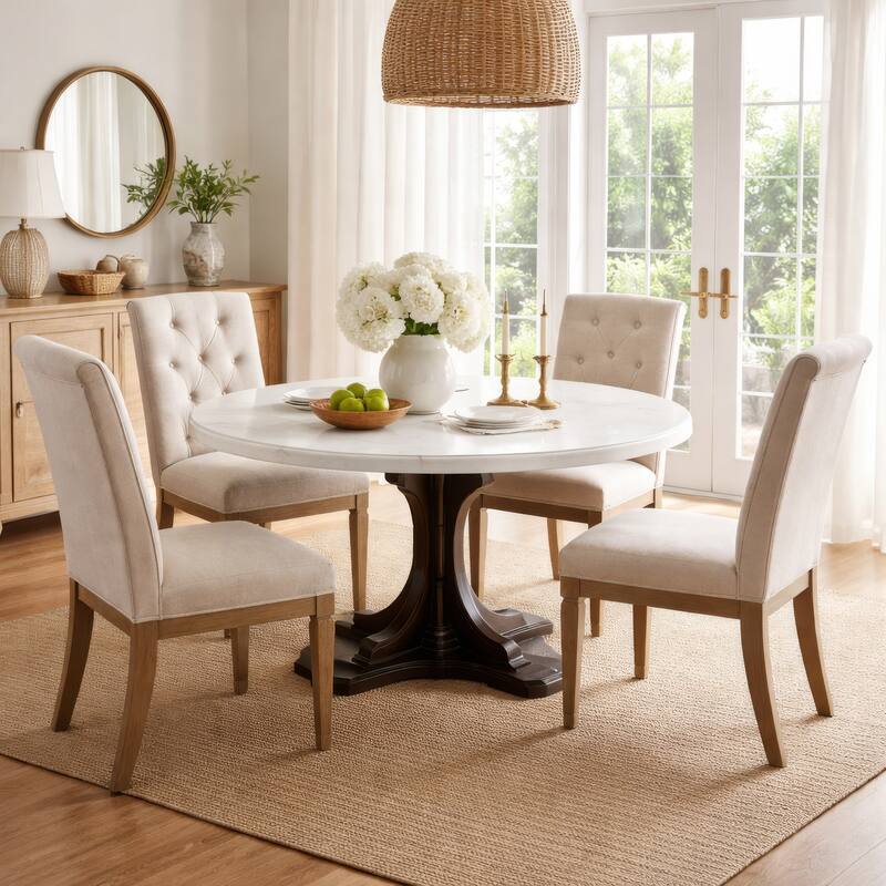 Dining Table with Marble Top and Pedestal Base, White and Brown