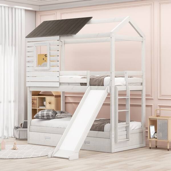 slide 2 of 18, House-Shaped Twin Over Twin Bunk Bed with Slide, Storage Drawers, and Full-Length Guardrails Antique White