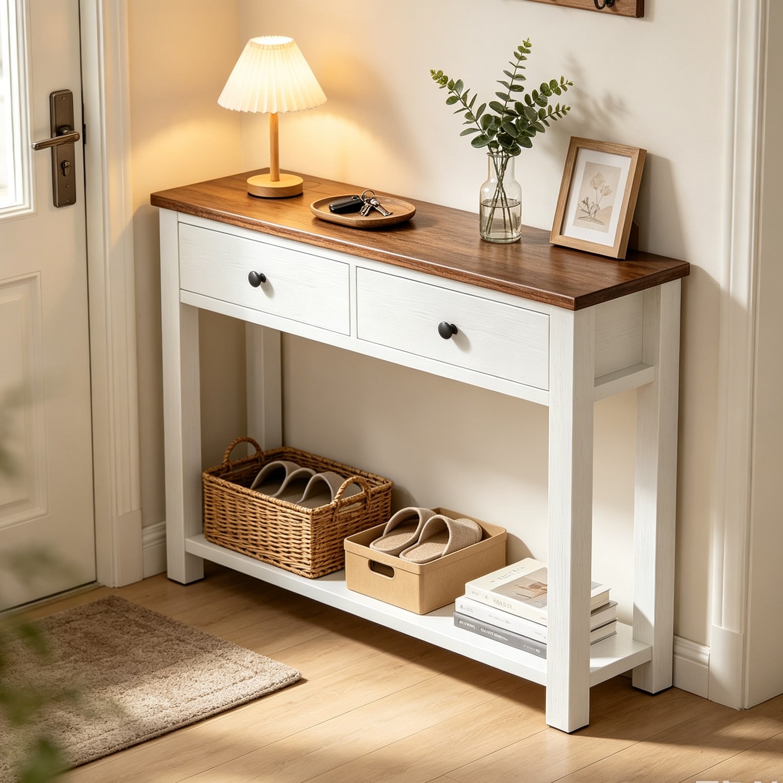 Farmhouse Console Table with 2 Storage Drawers & Lower Open Shelf, Entryway Sofa Table