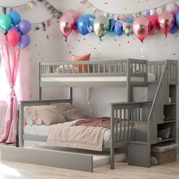 slide 2 of 26, Modern Twin Over Full Bunk Bed With Trundle And Staircase,Storage Space for Bedroom Grey