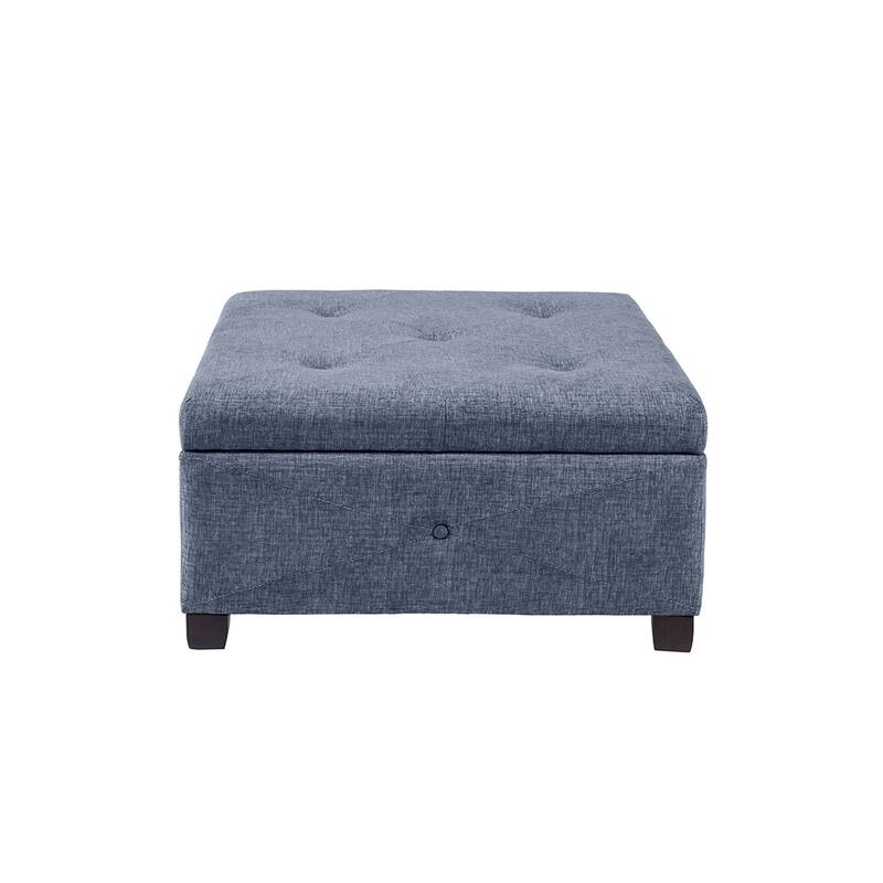 Blue Upholstered Storage Ottoman with Button-Tufted Details and Solid Wood Legs