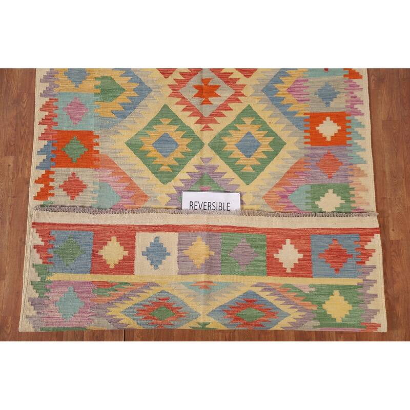 Hand Woven Oriental 100% Wool Carpet Southwestern Geometric Multi-Colored Kilim Area Rug - 6' 9'' X 4' 11''