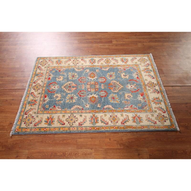 Blue Kazak Oriental Accent Rug Handmade Floral Wool Carpet - 3'3" x 4'11"