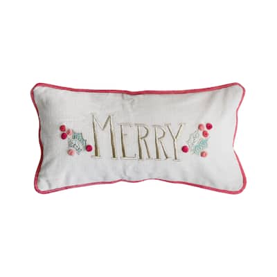 Slub Lumbar Pillow with Hand-Embroidery, Pom Poms, Piping and Velvet Back "Merry"