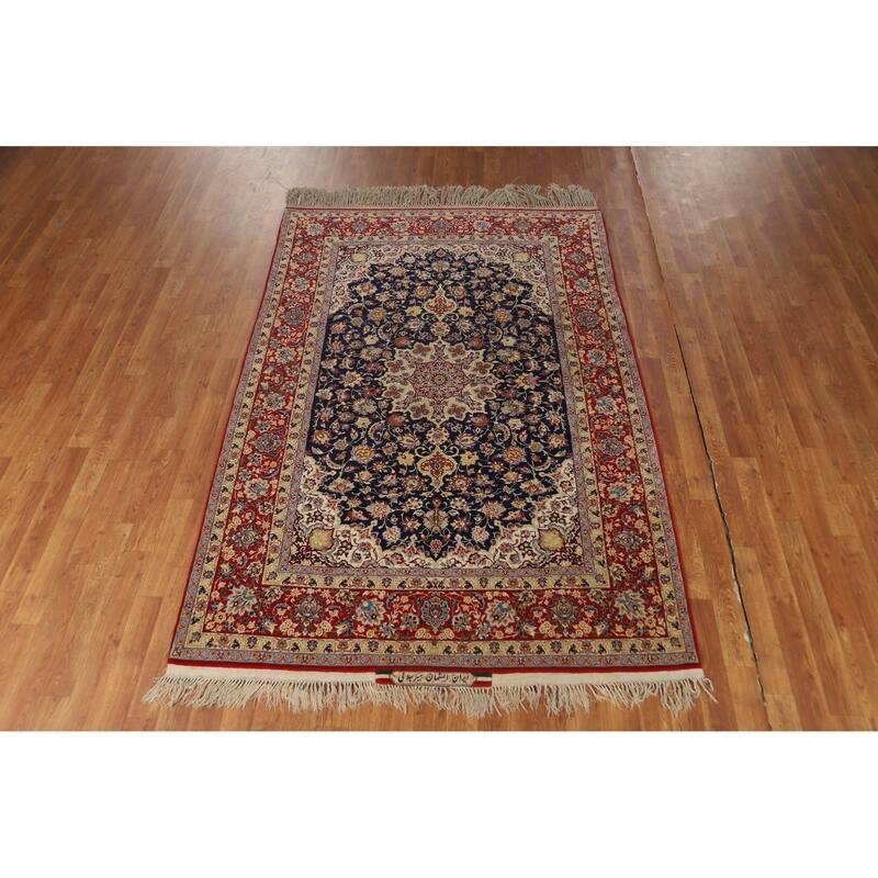 Hand Knotted Oriental 100% Wool Carpet Traditional Floral Navy Blue & Blues Isfahan Area Rug - 7' 5'' X 4' 9''