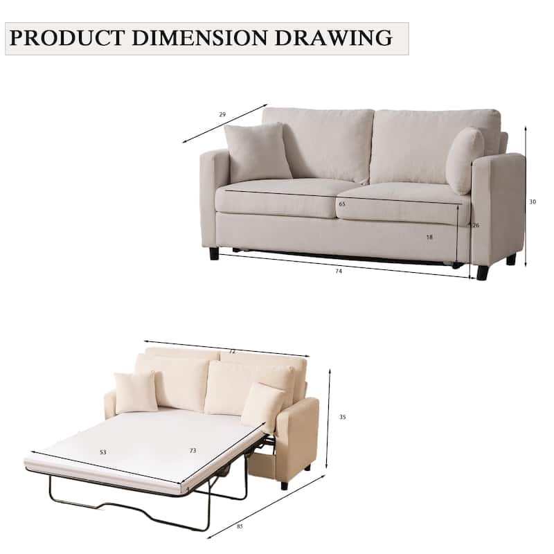 Sleeper Sofa Bed, Pull Out Couch with Mattress, 81.5" 2 Seater Upholstery Sectional Couches, Modern Linen Convertible Sofa