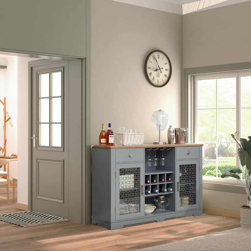 Roomfitters Modern Farmhouse Buffet Cabinet, Sideboard with 2 Drawers, Glass Door Cabinets, Wine and Glass Rack, Coffee Bar