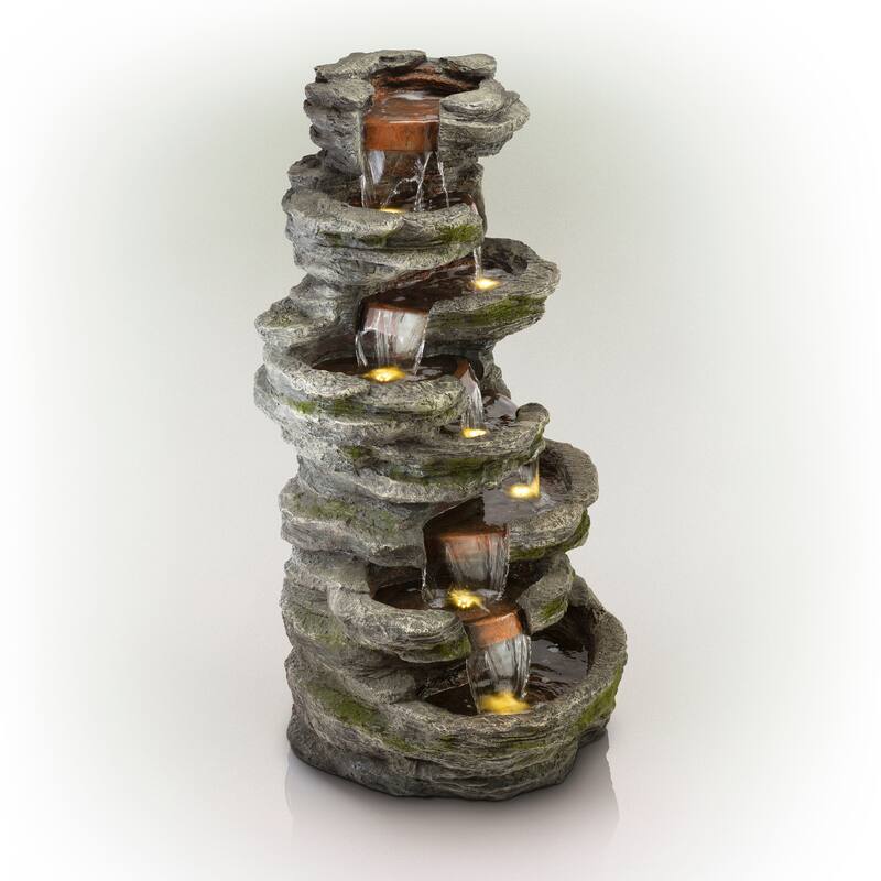 Alpine Corporation WIN1146 58" Gray Outdoor Floor 8 Tier Rock Water Fountain with LED Lights