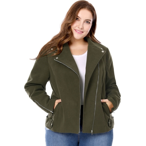 Unique Bargains Women Plus Size Convertible Collar Inclined Zip Closure Moto Jacket