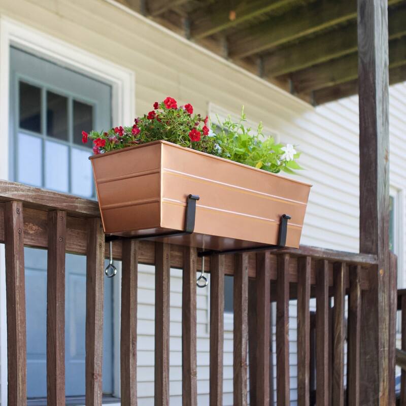 Achla Designs 24" W Rectangle Galvanized Steel Flower Box w/Black Wrought Iron Clamp-On Brackets, Planter